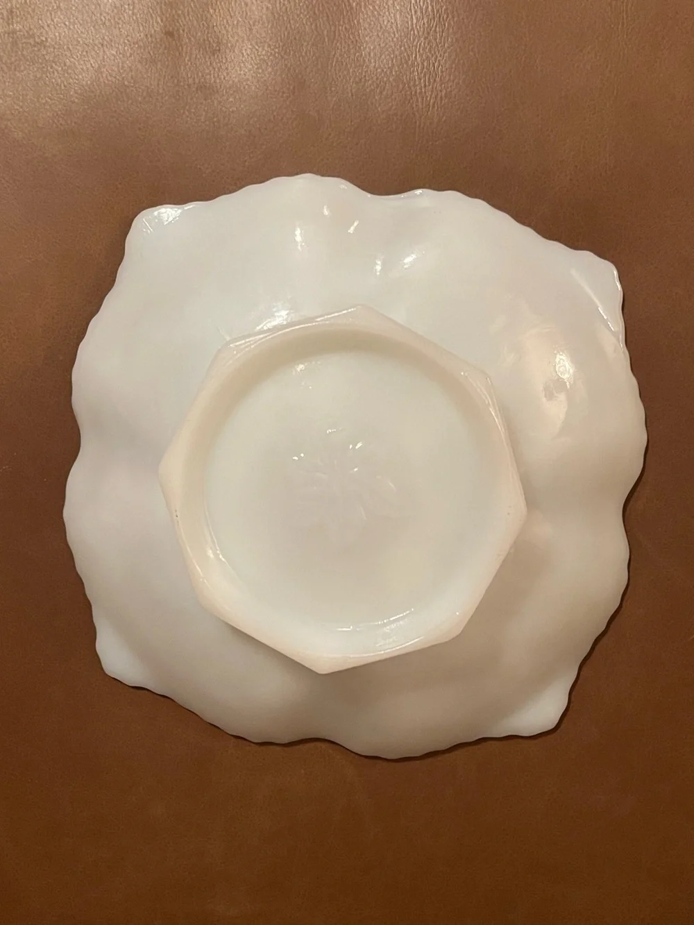 Footed  Milk Glass Serving Bowl with Embossed Grape & Leaf Pattern & Gold Trim